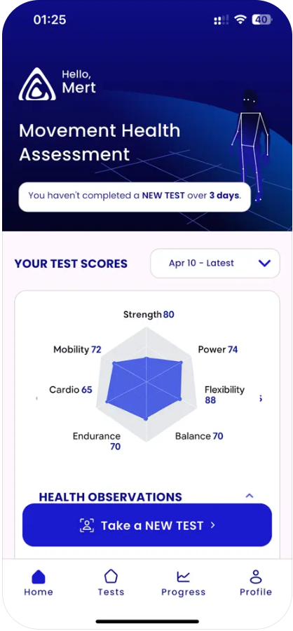 Mobile app screen showing movement health assessment details
